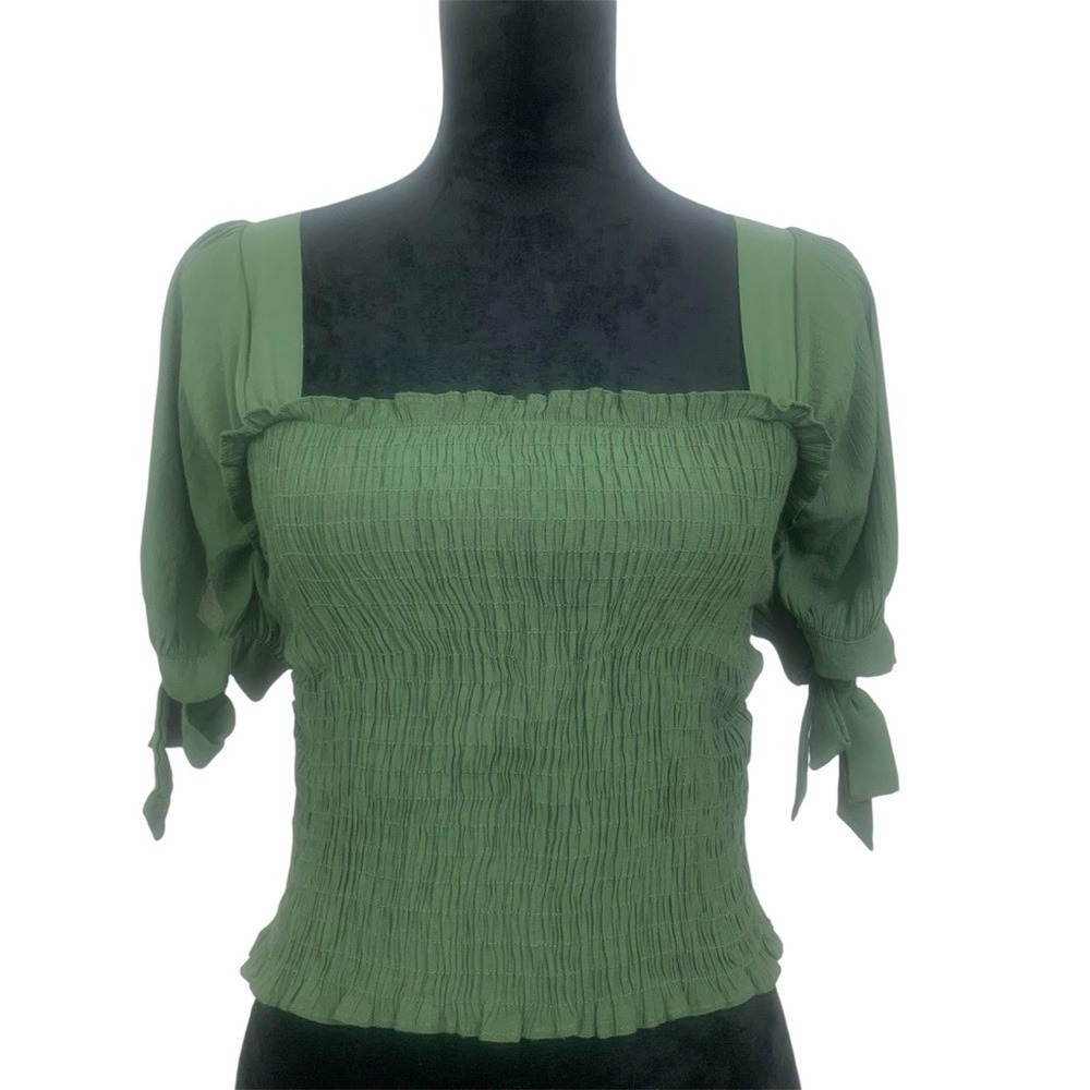 Meraki Woman M Olive Green Forest Fairy Feminine Peasant Smocked Tie-back Blouse